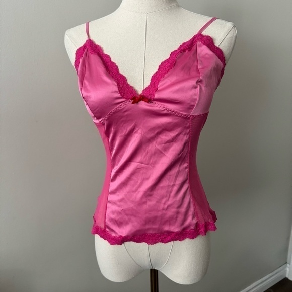 Coquette vintage Y2K Lolita Barbie Pink Dup Tone satin  lace trim top M - Picture 2 of 6
